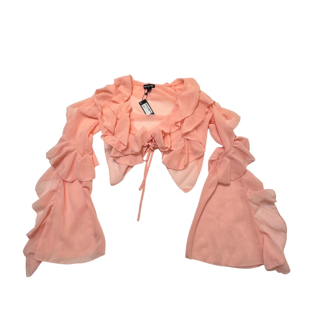 PrettyLittleThing Baby Pink Extreme Frill Tie Front Flare Sleeve Blouse US 0 NWT